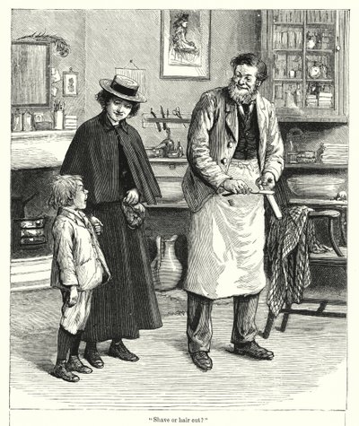 "Barbering eller klipning?" (gravering) af English School