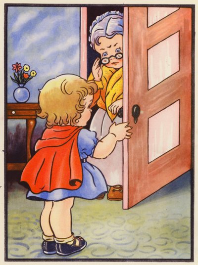 Hun fortæller sin bedstemor, at det er sikkert at komme ud (farvelitografi) af English School