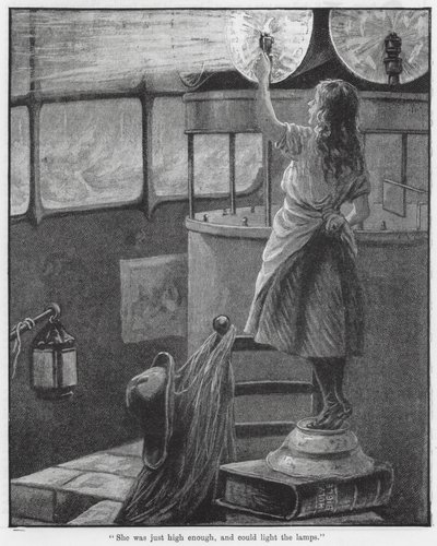 "Sie war gerade hoch genug und konnte die Lampen anzünden" (Gravur) von English School