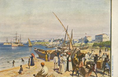 Skib på stranden, Dar es Salaam, Tanzania (farve litho) af English School