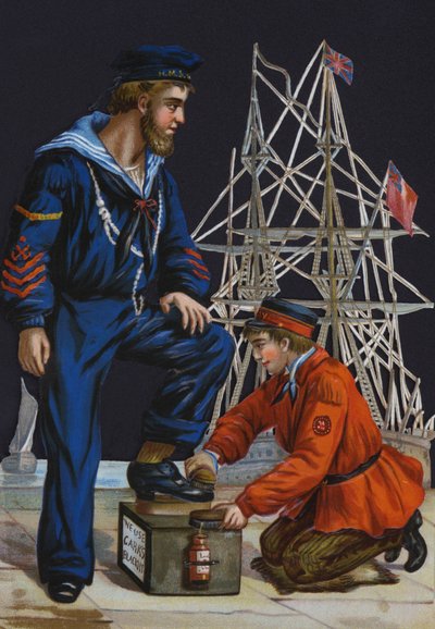 Skopudsningsdreng, der pudser en salors støvler, reklame for Carr