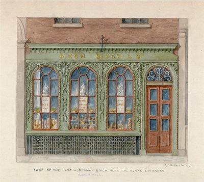 Butik af afdøde rådmand Birch nær Den Kongelige Børs. 1871 (wc på papir) af English School
