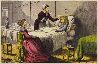 Syg lille pige bliver passet på hospitalet (farvet indgravering) af English School