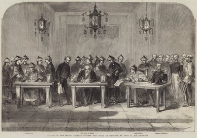 Underskrivelse af traktaten mellem England og Kina i Tien-Tsin den 26. juni 1858 (gravering) af English School