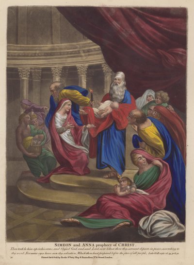 Simeon og Anna profeti om Kristus (farve litho) af English School