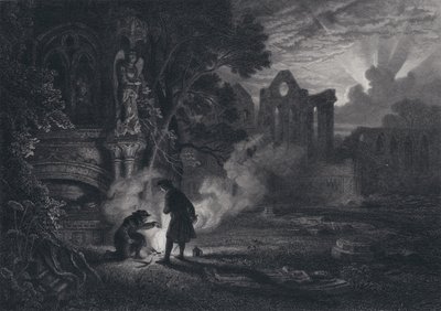 Sir Arthur og Dousterswivel i ruinerne af St Ruth (gravering) af English School