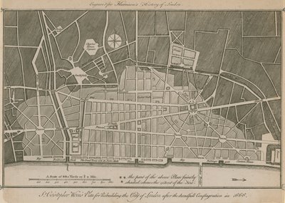 Sir Christopher Wrens planlægger at genopbygge City of London efter den frygtelige brand i 1666 af English School