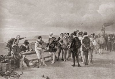 Sir Francis Drake spiller bowls med den spanske armada i sigte ved Plymouth Hoe, England i 1588. af English School