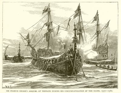 Sir Francis Drakes Ankomst til Ternate under hans Circumnavigation of the Globe, 1577--1580 af English School