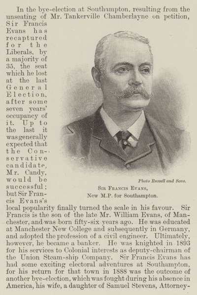 Sir Francis Evans, nyt parlamentsmedlem for Southampton (gravering) af English School