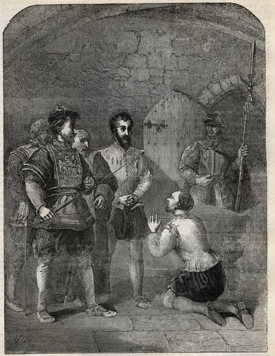 Sir Thomas Wyatt The Younger (1521-1554) på vej til henrettelse, hvor han højtideligt frikender prinsesse Elizabeth og Courtenay fra deltagelse i hans oprør - 1554 - indgravering fra "" History of England"" af Cassell Petter & Galpin af English School