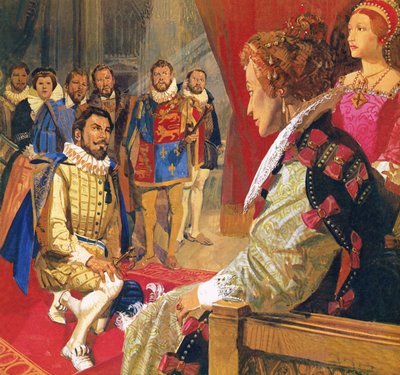 Sir Walter Raleigh før dronning Elizabeth af English School