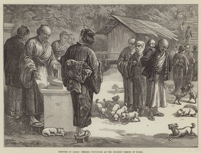 Skitser i Japan, fodring af hundehvalpe ved det buddhistiske tempel i Oyama (gravering) af English School