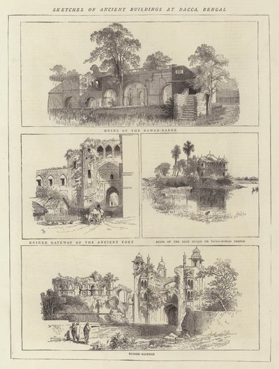 Skitser af gamle bygninger ved Dacca, Bengal (gravering) af English School