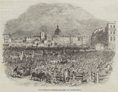 Smithfield Cattle Market, i julen (gravering) af English School