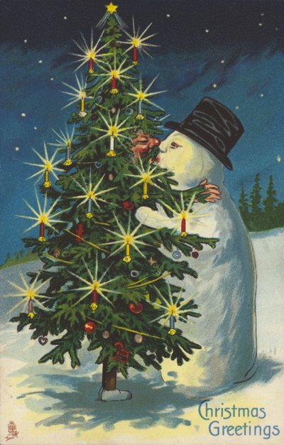 Snemand og juletræ kysser (chromolitho) af English School