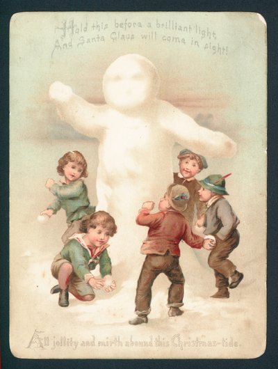 Snemand, børn og snebolde, julekort af English School