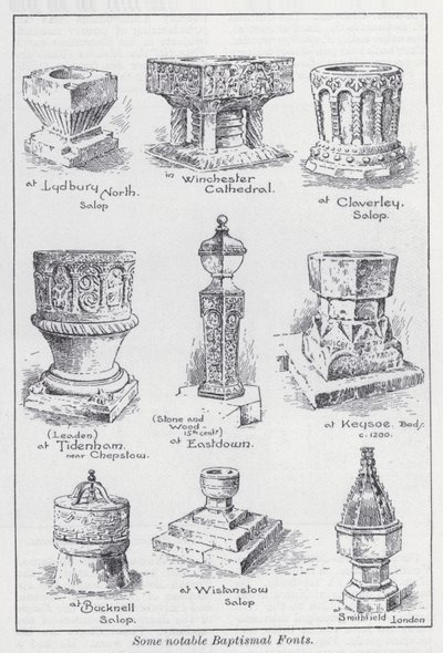 Nogle bemærkelsesværdige døbefonte (litho) af English School