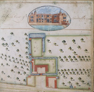 South View af Kentwell Hall, fra Survey of the Estate of Richard Moore, Esq. Kentwell Hall, Suffolk, 1777 (pen & blæk og gouache på papir) af English School