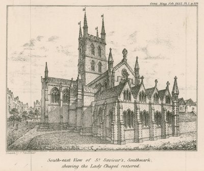 Sydøst udsigt over St Savios Church, Southwark, som viser Lady Chapel restaureret af English School