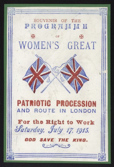 Souvenirprogram fra kvindeoptoget for retten til at arbejde, London, 17. juli 1915 af English School