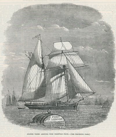 Spanisches Schiff, das mit Weihnachtsfrüchten ankommt von English School