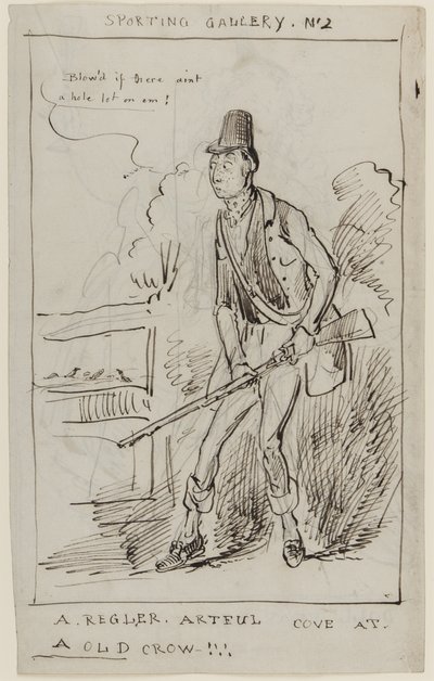 Sporting Gallery No.2, A Regler, Artful Cove at a Old Crow, ca. 1825 (pen og blæk på papir) af English School