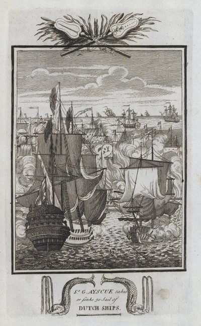 Sr G Ayscue tager eller sænker 30 sejl af hollandske skibe (gravering) af English School
