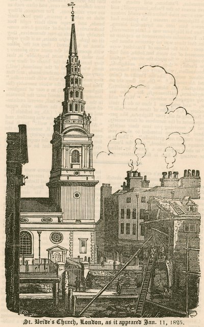 St Brides Church, Fleet Street, London, som den så ud 11. januar 1825 af English School