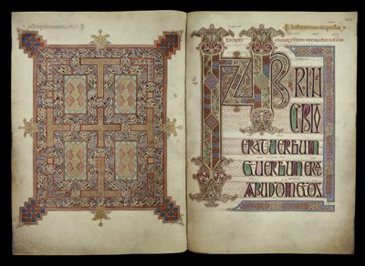 Johannesevangeliet; tæppeside og incipitside, Cotton Nero D. IV, f.210v og f.211r fra Lindisfarne Gospels, 710-721 (pergament) af English School