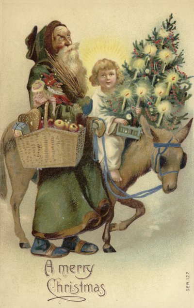St Nicholas og Jesus Kristus, med juletræ og gaver af English School