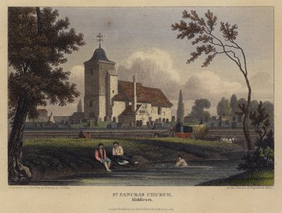 St Pancras Church, Middlesex (farvet gravering) af English School