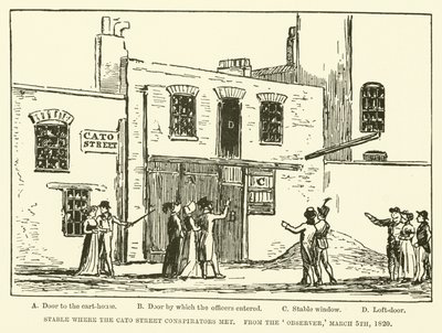 Stald hvor Cato Street Conspirators mødtes, fra Observer, 5. marts 1820 (gravering) af English School