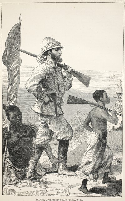 Stanley nærmer sig Tanganyika-søen, illustration fra The Pictorial Edition of the Life and Discoveries of David Livingstone af J. Ewing Richie, pub. af A. Fullarton & Co., 1876 af English School