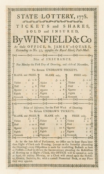 Statslotteri, 1778 af English School