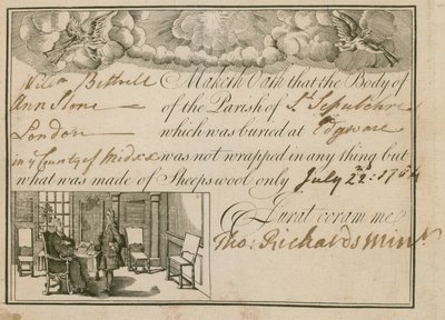 Erklæring om, at Ann Slone blev begravet i fåreuld, 1784 af English School