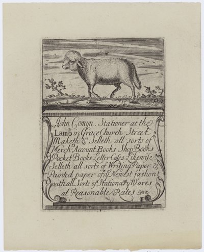 Stationer, John Comyn, trade card af English School