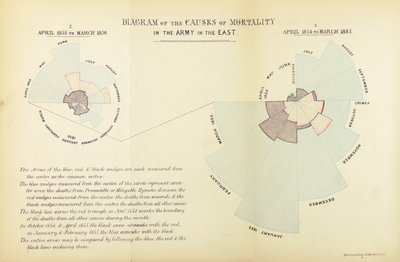 Statistisk diagram opfundet af Florence Nightingale for at vise overvægten af sygdom som en årsag til dødelighed i den britiske hær under Krimkrigen, april 1854 til marts 1855 og april 1855 til Ma af English School