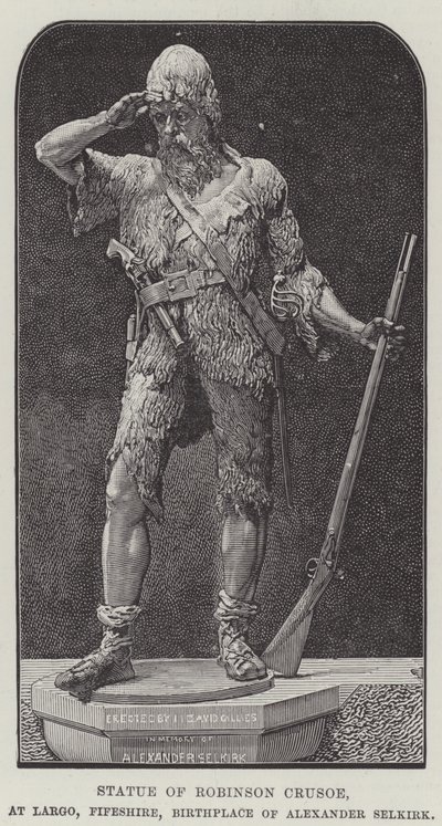 Statue af Robinson Crusoe, ved Largo, Fifeshire, Alexander Selkirks fødested (gravering) af English School