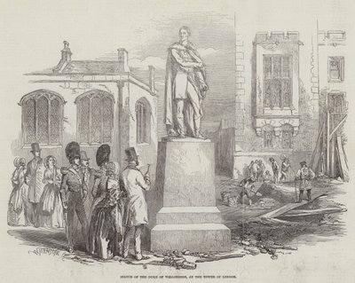 Statue af hertugen af Wellington, ved Tower of London (gravering) af English School