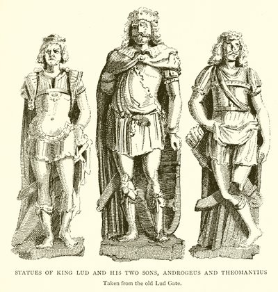 Statuer af kong Lud og hans to sønner, Androgeus og Theomantius af English School