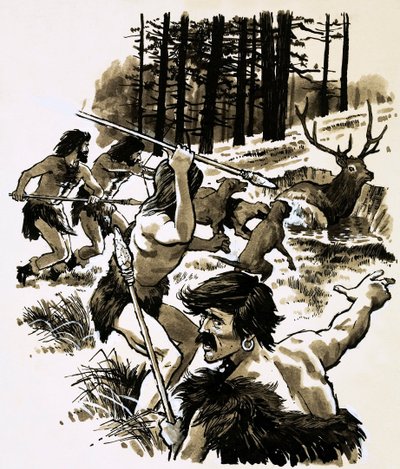 Stenalderjægere (gouache på papir) af English School