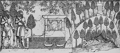 Stenbas-relief af et tempel og en kunstig bakke i parken Sargon II ved Khorsabad, ca. 715 f.Kr. af English School
