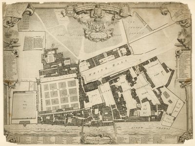 Opmåling og grund af Royal Palace of Whitehall, 1680, med logi og lejligheder tilhørende deres majestæter af English School