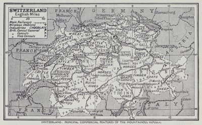 Schweiz, de vigtigste kommercielle træk ved den bjergrige republik (litho) af English School
