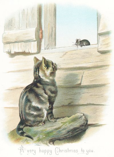 Tabby Cat stirrer på mus, julekort af English School
