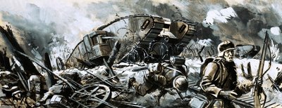 Tanks dukkede første gang op under Første Verdenskrig (gouache på papir) af English School