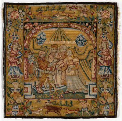 Pudebetræk af gobelin, der forestiller Susannah før dommeren, lavet i Sheldon, England, efter 1600 (uld) af English School