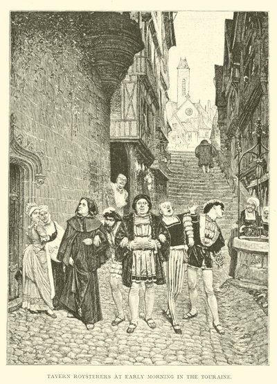 Tavern Roysterers tidligt om morgenen i Touraine (kobberstik) af English School