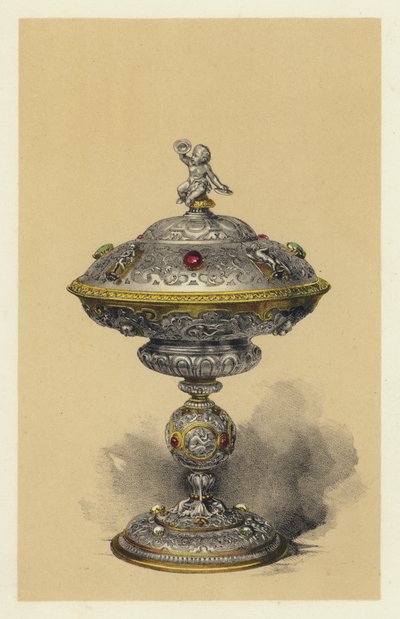 Tazza, med låg, i sølv besat med juveler (chromolitho) af English School